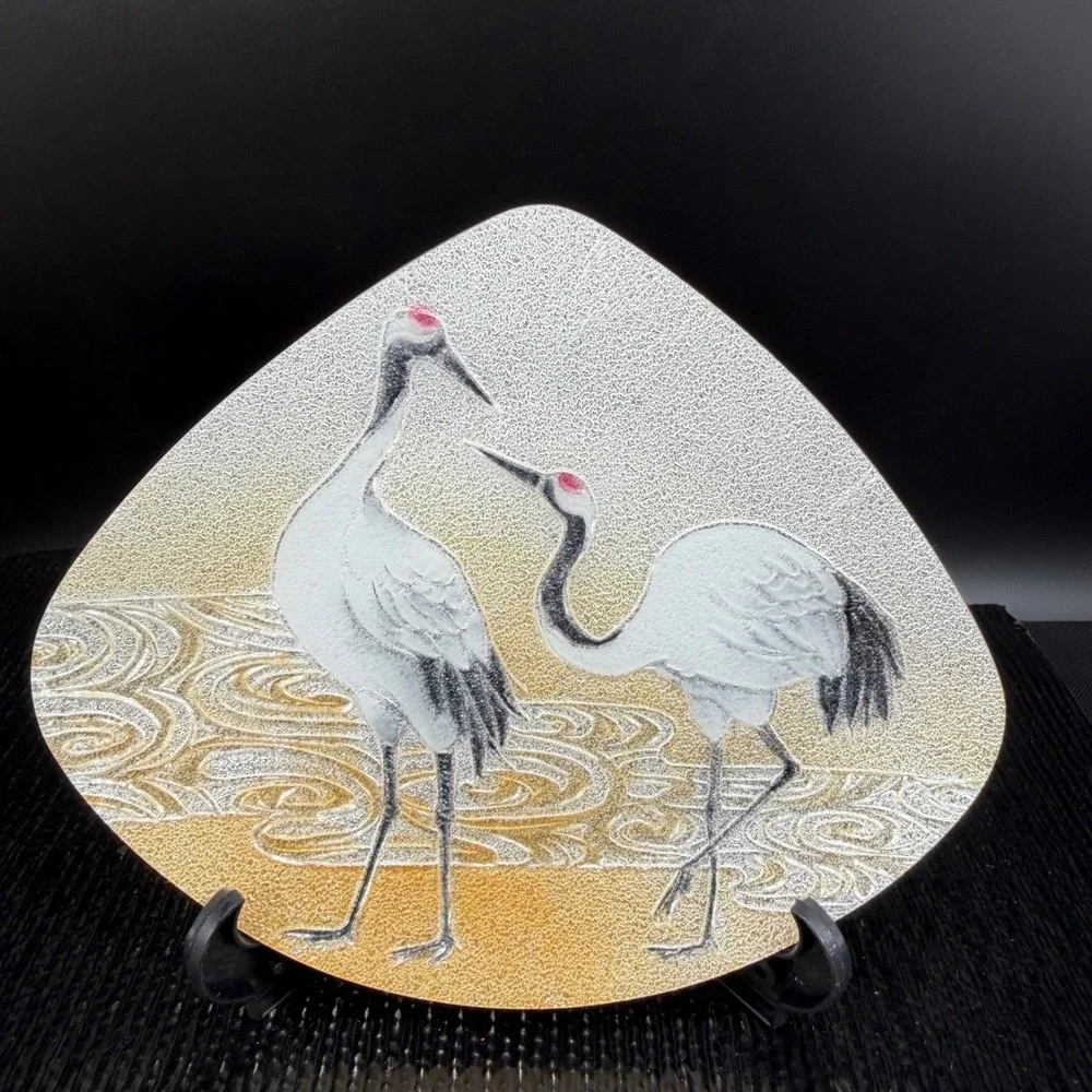 Ando Cloisonne Japanese Enamel Fan Plate Red‎ Crowned Cranes Silver Gold w Stand